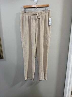 NWT Sabrina Lauren Relaxed Wide Leg Textured Drawstring Pants - Cream. Size 2X